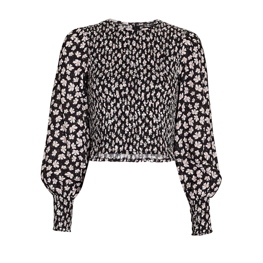 Intermix Smocked Blouse Womens S Black  Floral Puff Sleeve Cottagecore Romantic